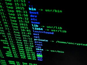 Close-up of colorful text on a computer screen, showcasing cybersecurity concepts.